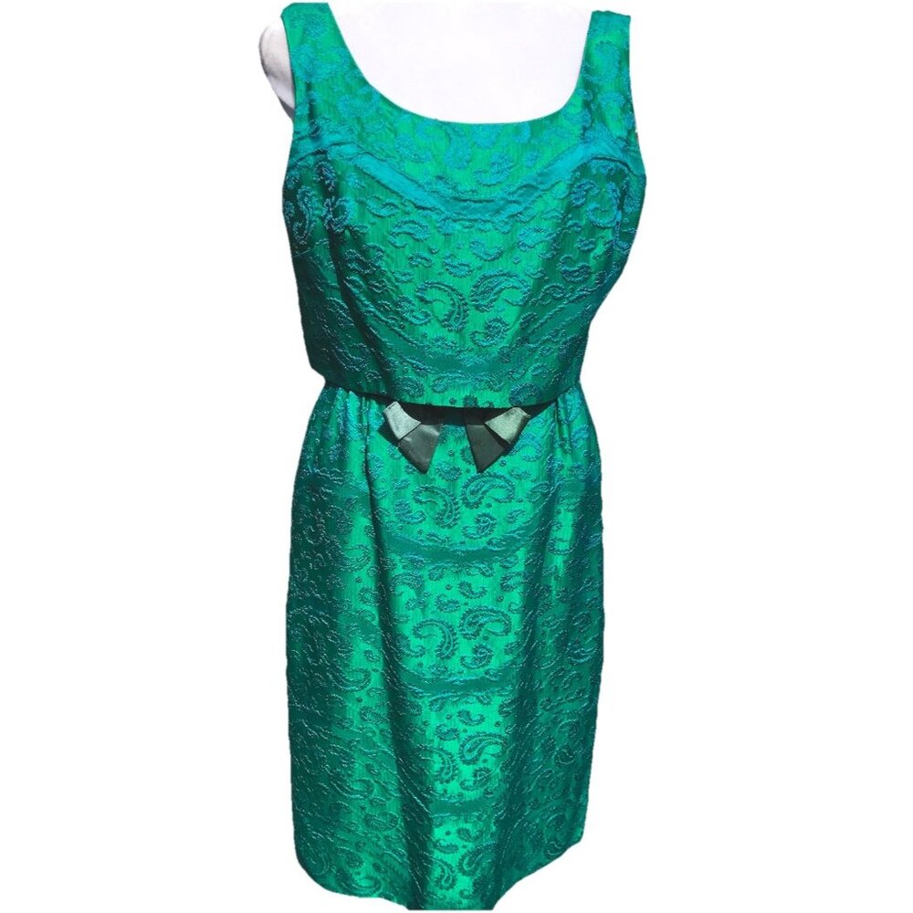 Vtg 50s 60s Brocade Fit Flare Blue Green S Cocktail Mod Party Business Dress HTF